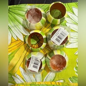4 Striped Green and Yellow Napkin & 6 matching napkin Rings